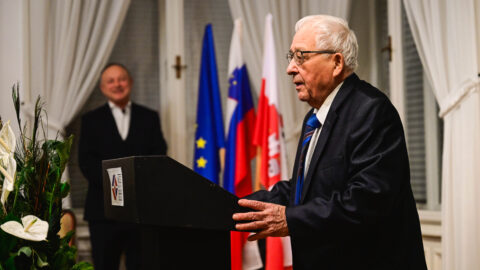 Person at lectern with flags in the background, in a formal setting.