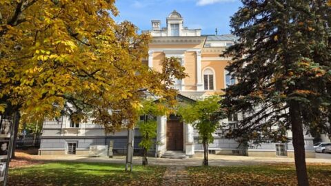 Prekrasna stara stavba muzeja v jesenskem okolju z rumenimi listi in smrekami.