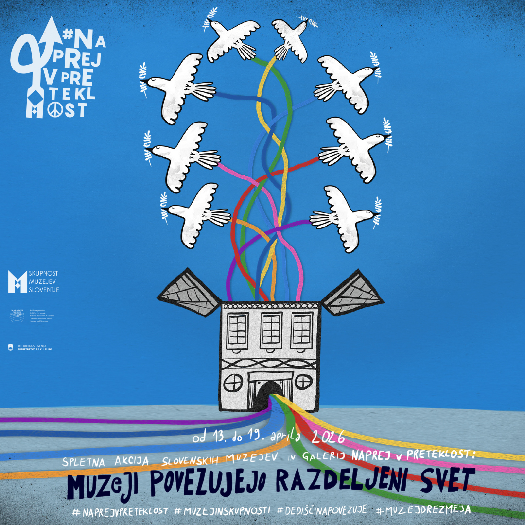 Ilustracija muzeja, iz katerega se vzpenjajo golobi.